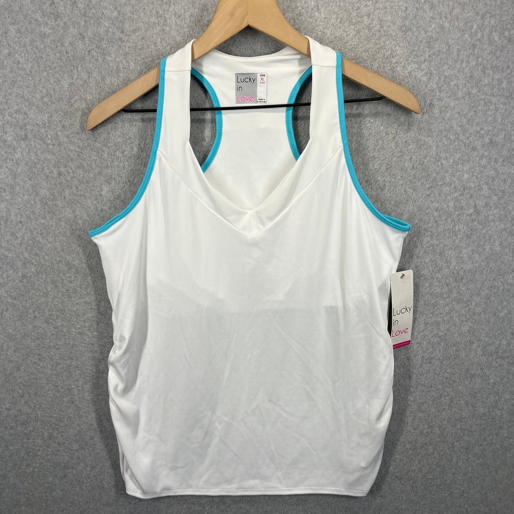 Lucky in Love Tank Top Women XL White V-Neck Racerback Vaportex Tennis NWT